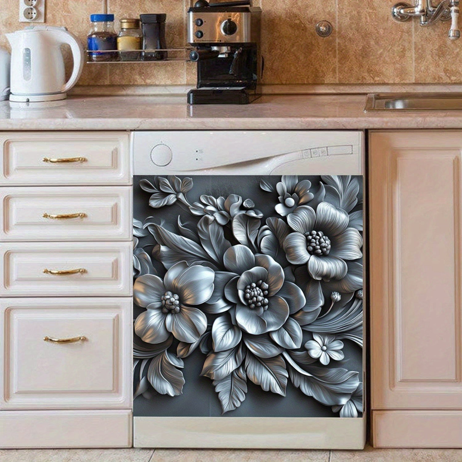 3D Relief Silvery Flower Dishwasher Magnetic Cover Waterproof Heat-Resistant Metal Panel Sticker 58.5x65 cm