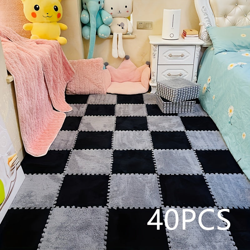 Juego de 40 baldosas de moqueta entrelazadas para uso en interior de dormitorio, diseño de cuadros de pelo bajo
