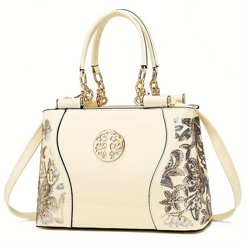 Sequined Flower Pattern Tote Bag for Women Zipper Adjustable Strap Festival Handbag