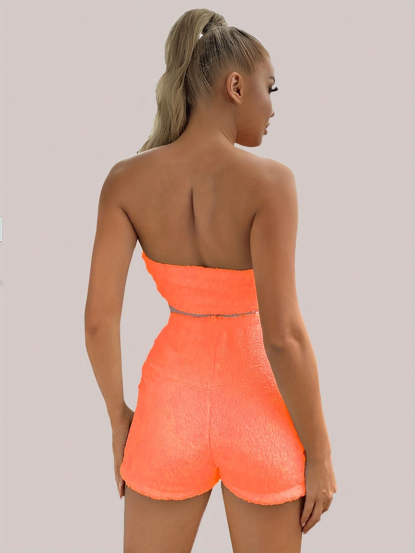 Women's Plush Lounge Set with Tube Crop Top and Elastic Shorts for Fall and Winter