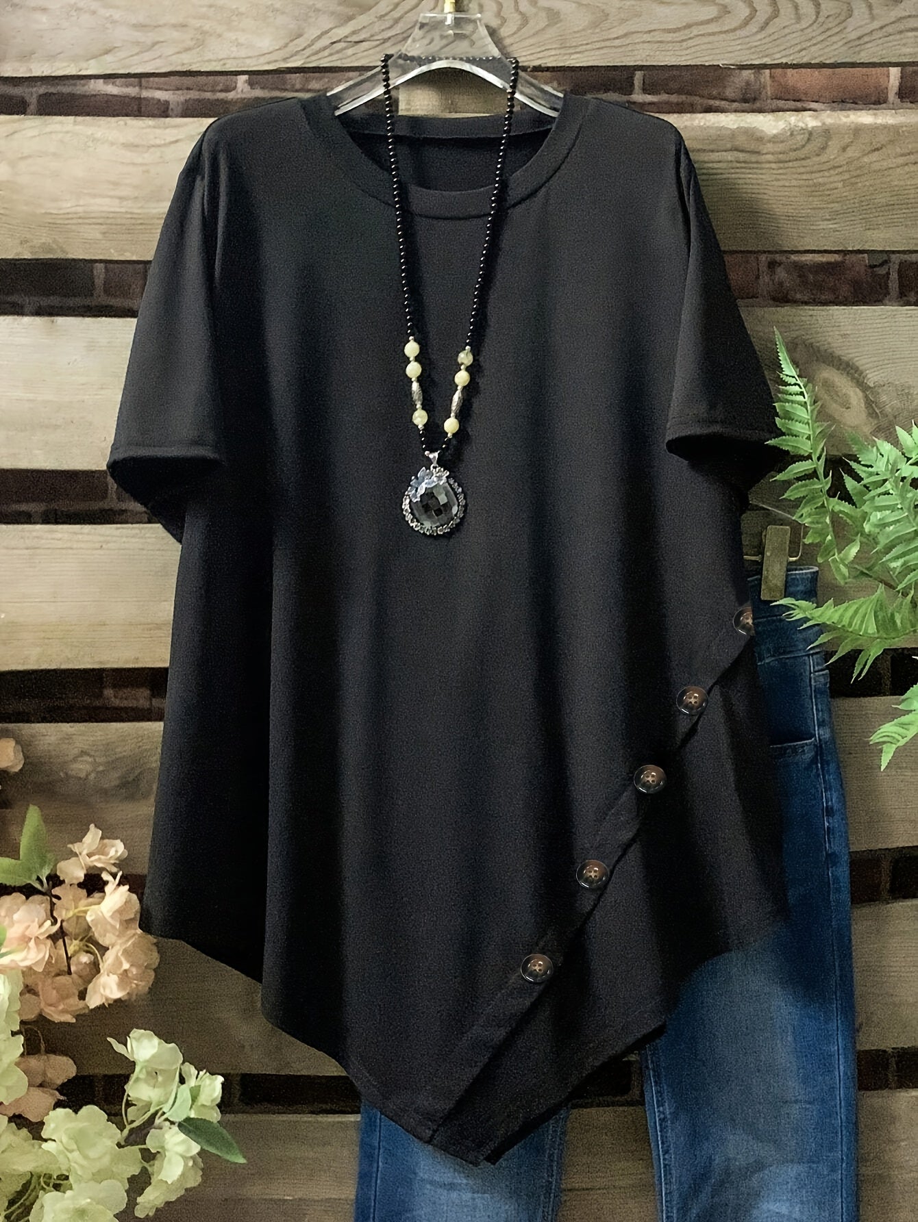 Plus Size Loose Fit Short Sleeve Casual T-Shirts with Button and Asym Hem