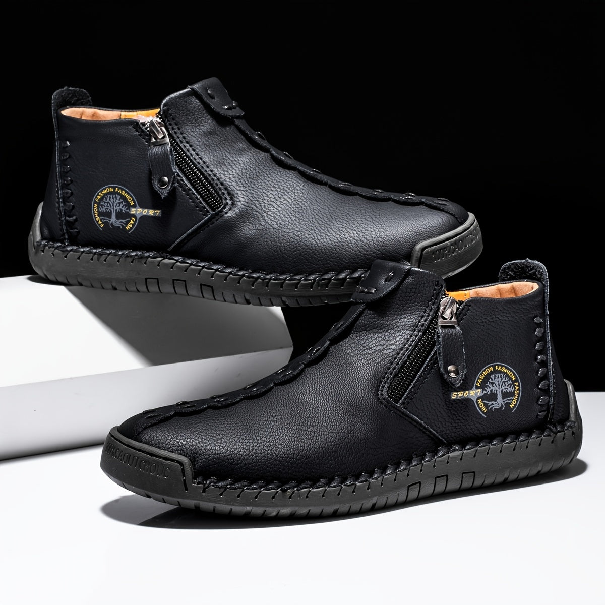 Men's Zipper Mid Top Casual Shoes with Stitching and Solid Color Design