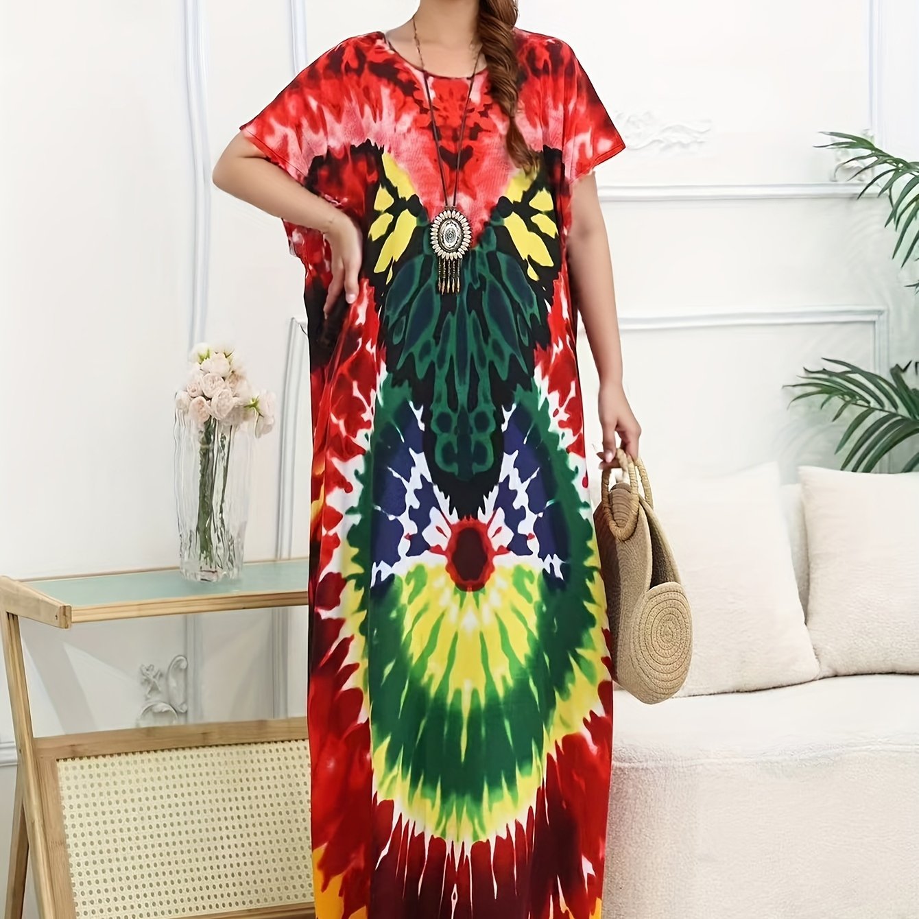 Plus o'lcham ayollar uchun tie-dye plyaj kiyimlari, bezsiz, quyoshdan himoyalovchi tunik