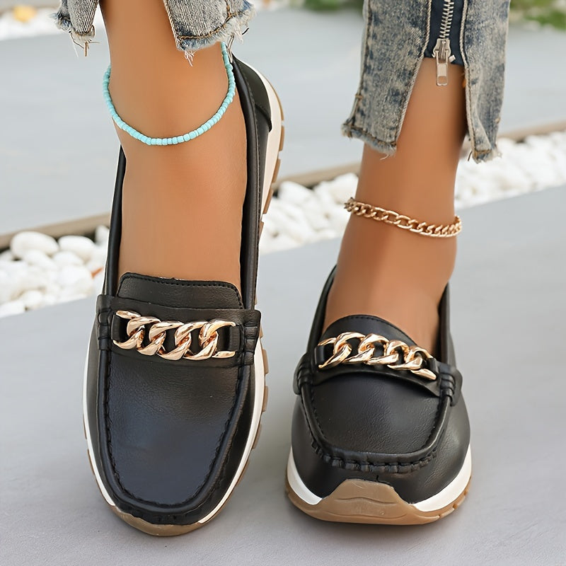 Women's Solid Color Loafers Slip-On Casual Flats with Metal Buckle