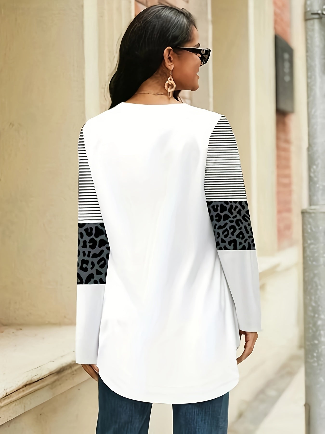 Plus Size Women's Cotton Long Sleeve T-Shirt Heart and Zebra Print White Black Brown