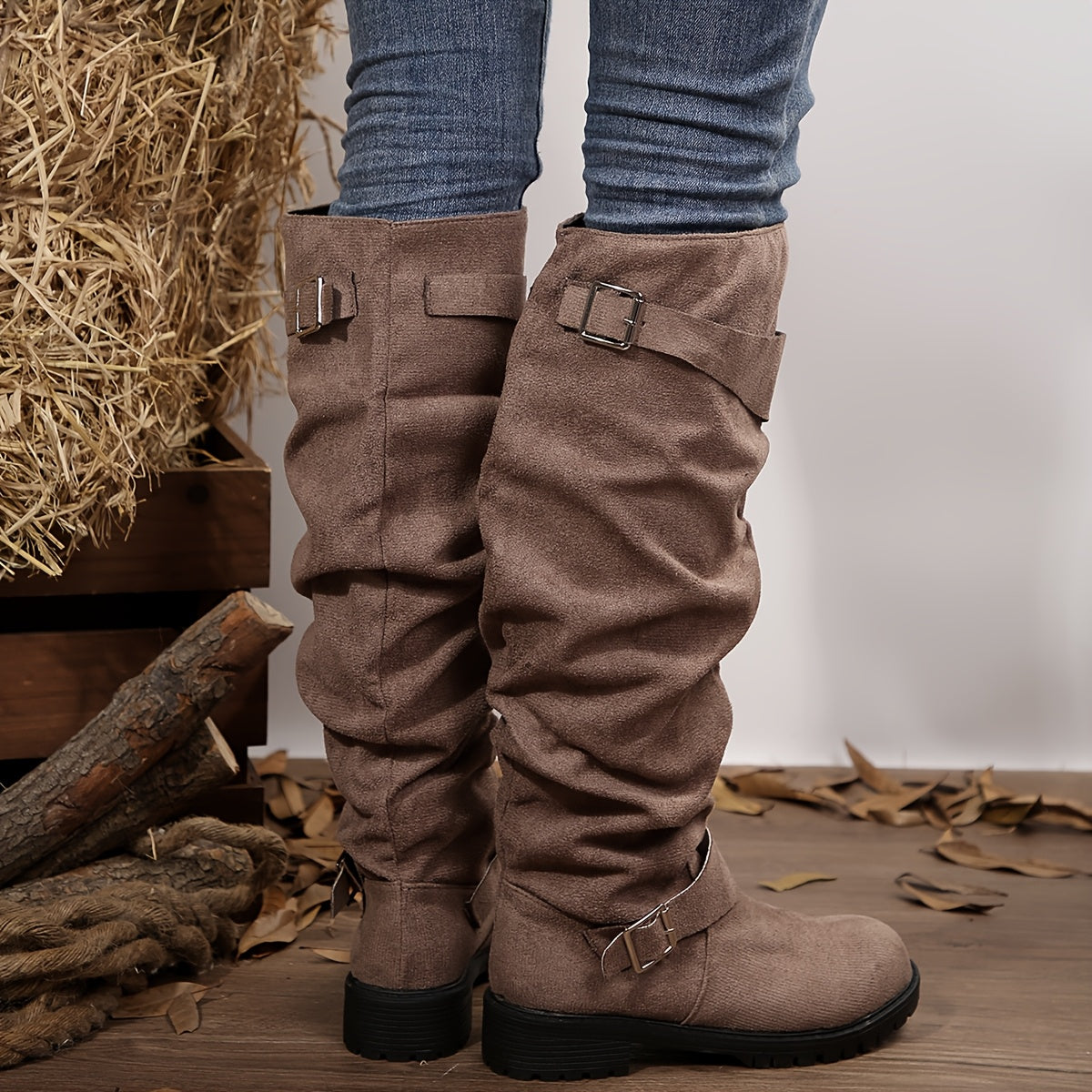Women's Knee-High Slouch Boots Fabric Round Toe Block Heel All-Season