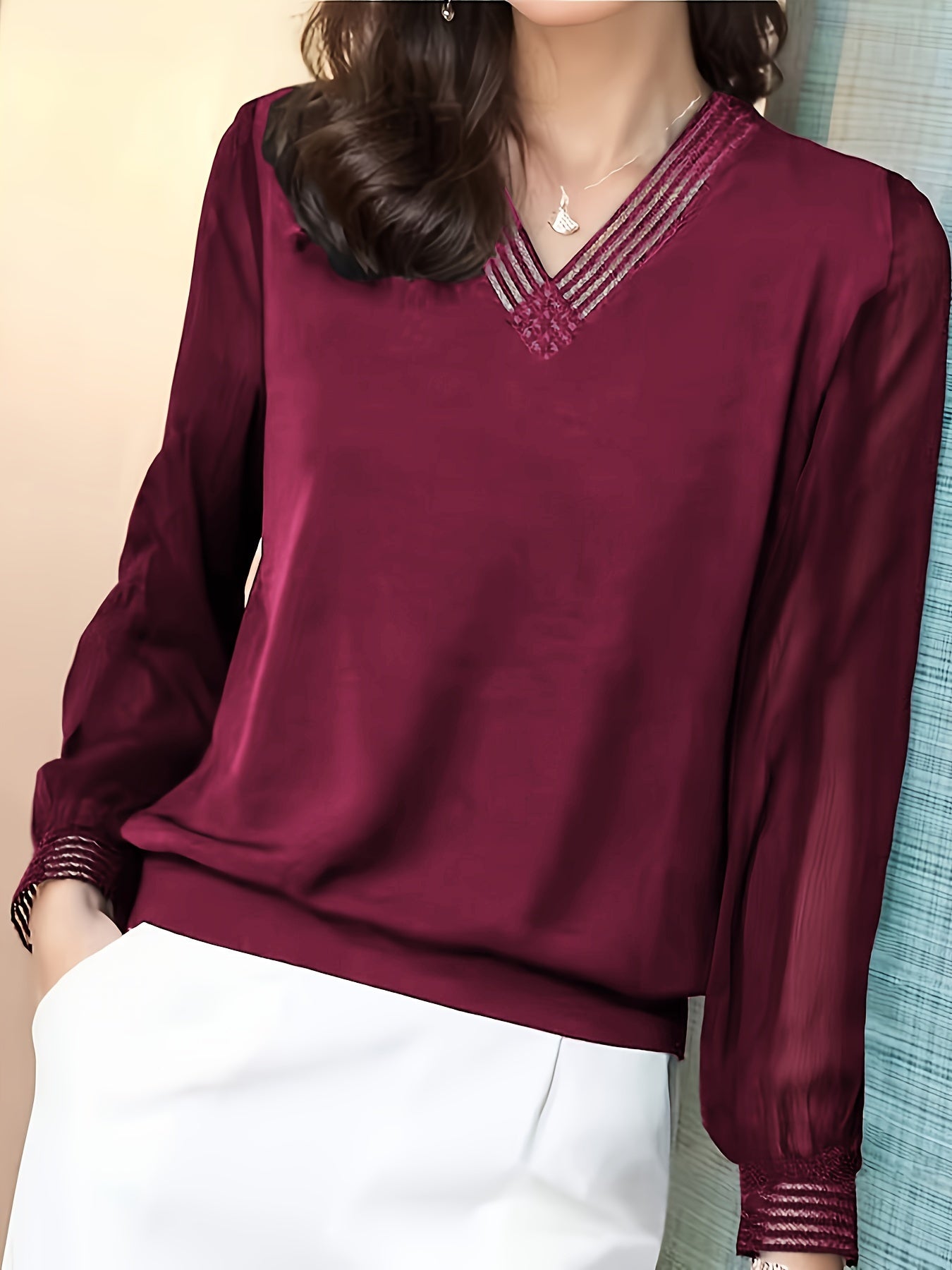 Women's Black Lace Chiffon V-Neck Blouse Spring Fall Layering