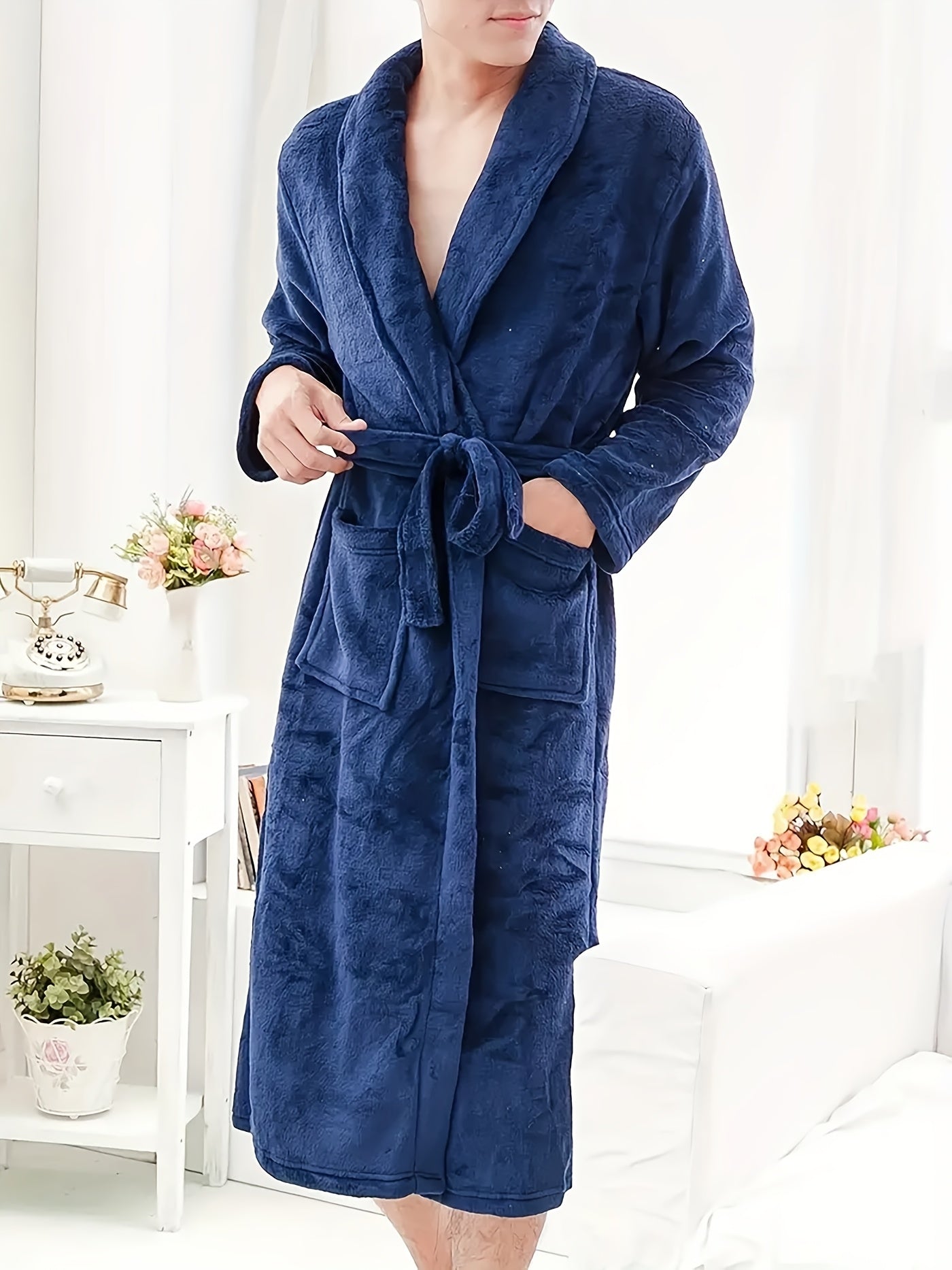Men's Black Fleece Robe with Pockets V-Neck Lounge Wear Adjustable Waist Tie