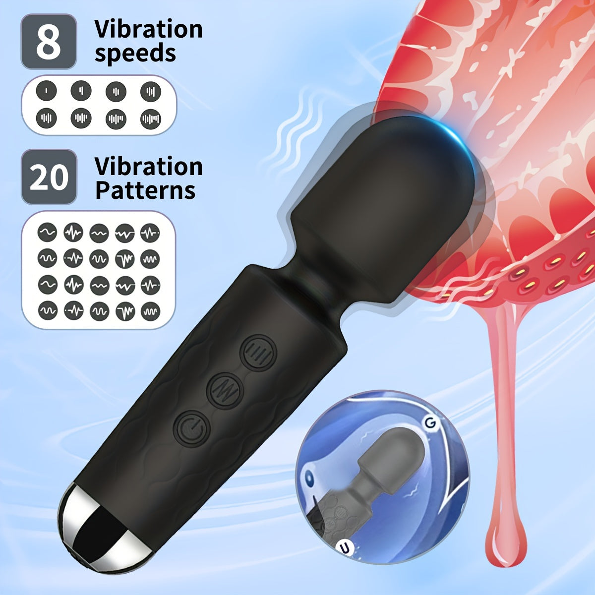 Adult Female Rechargeable Handheld Electric Back Massager Deep Tissue Wand, 20 Vibration Modes