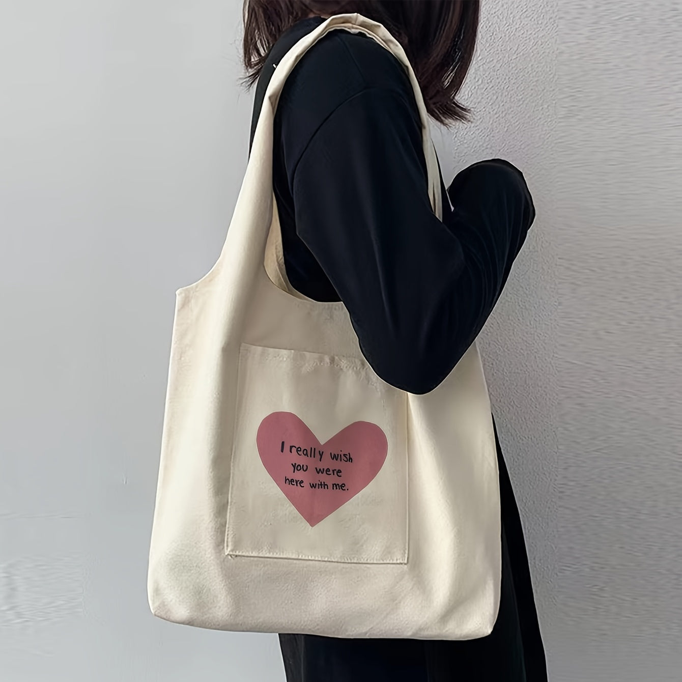 Women's Canvas Heart Tote Bag for Casual Shopping and Travel Beige Unpainted Edges