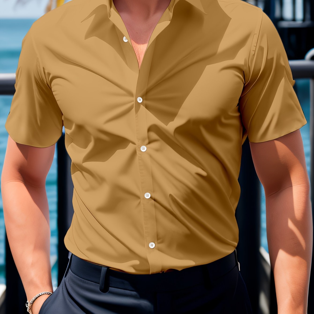 Men's Short Sleeve Shirt Polyester Elastane Solid Color Casual Summer Regular Fit