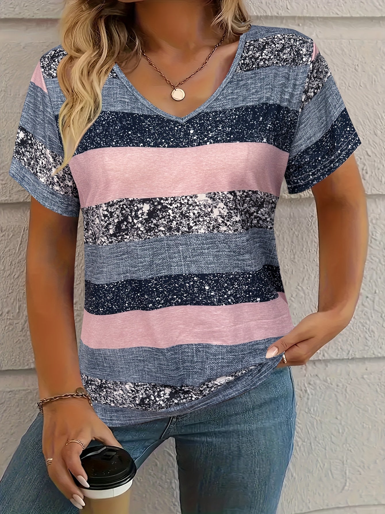 Plus Size Women's V-Neck Striped T-Shirt Short Sleeve Stretch Knit Casual Spring Summer Autumn