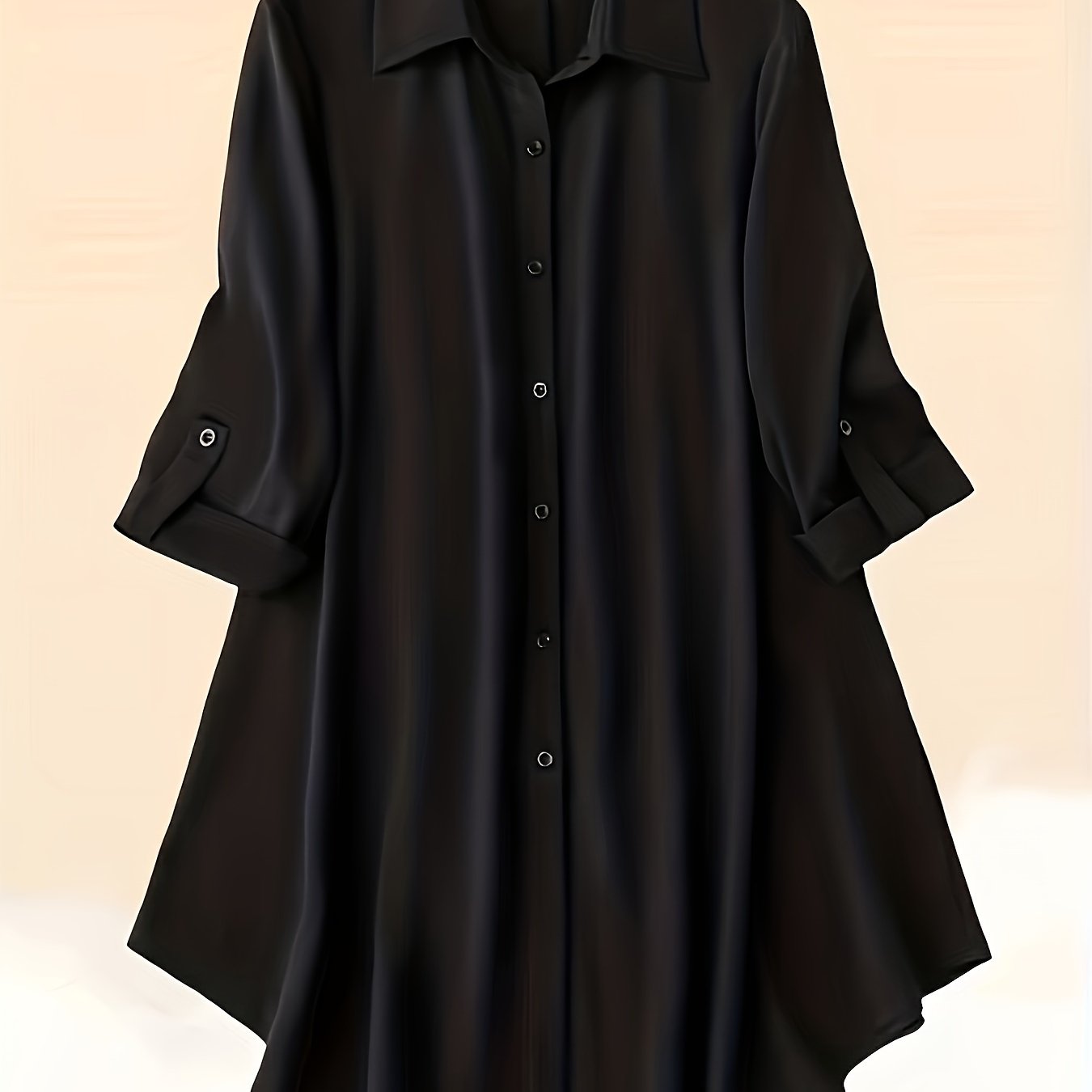 Plus Size Solid Color Button Front Shirt Casual Roll Tab Sleeve Top