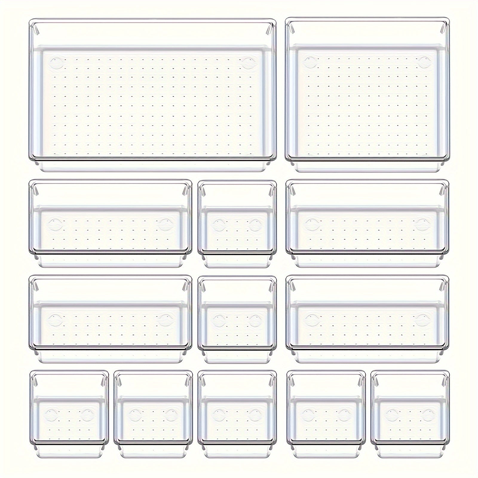 Набор из 13 прозрачных пластиковых органайзеров для ящиков, штабелируемых и неокрашенных, идеально подходит для хранения макияжа, косметики, кухонных принадлежностей, инструментов - включает нескользящие резиновые подкладки.