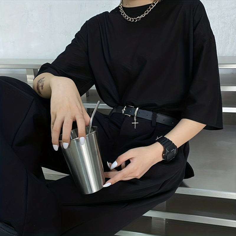 Черный готический металлический крест пряжка ремень из искусственной кожи для мужчин и женщин повседневные черные штаны