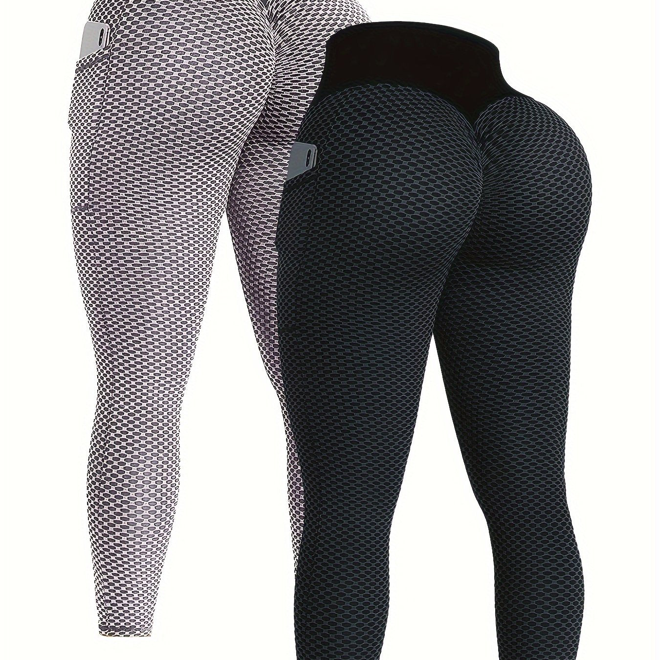 Ayollar uchun Seersucker yoga legginslar 2-to'plam, cho'ntaklar bilan, barcha mavsumga mos elastik