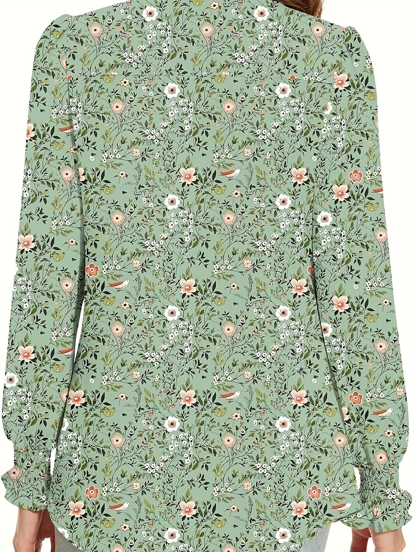 Plus Size Floral Print Blouse Women's Casual Long Sleeve Shirt Machine Washable