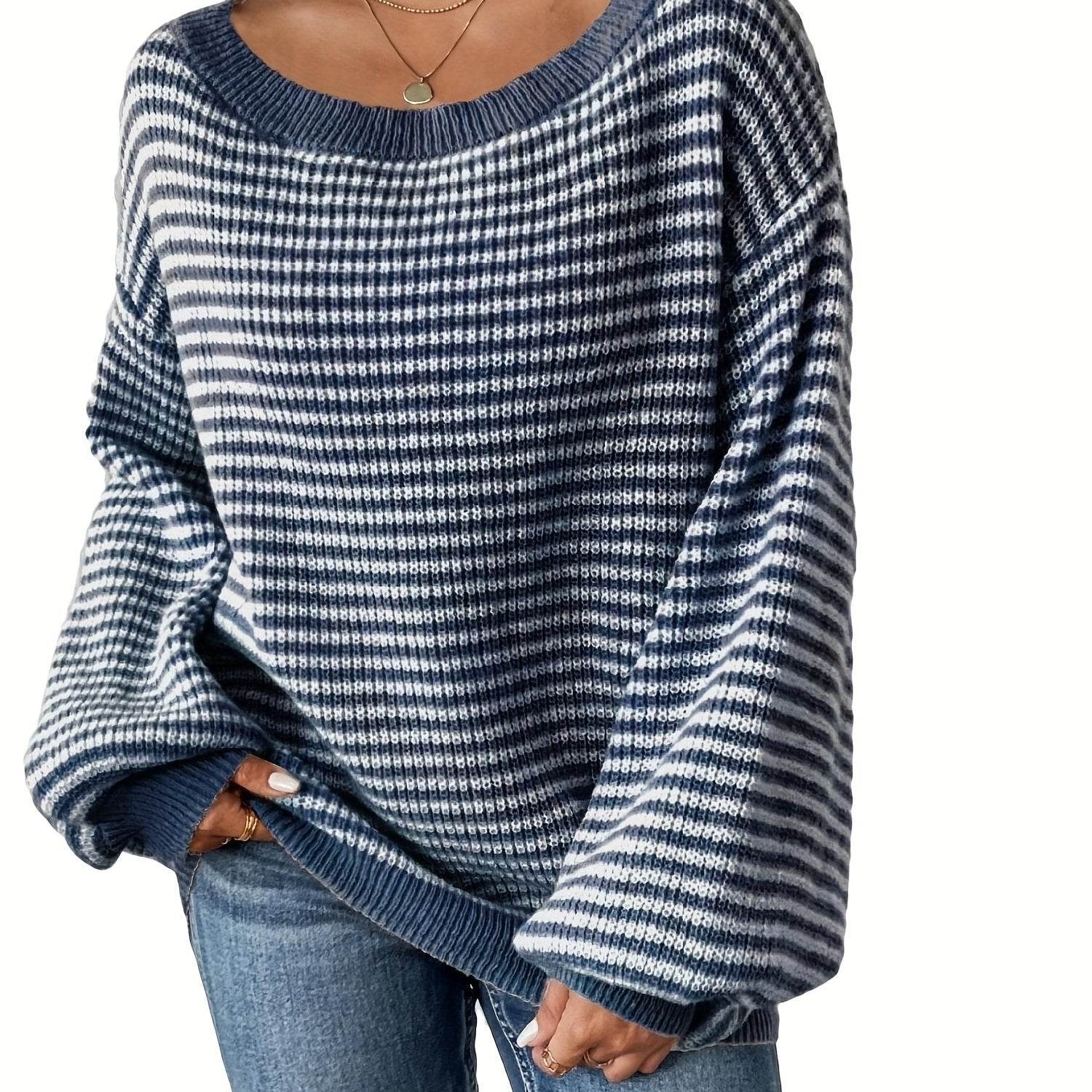Plus Size Women's Striped Crew Neck Long Sleeve Sweater Fall Winter Casual