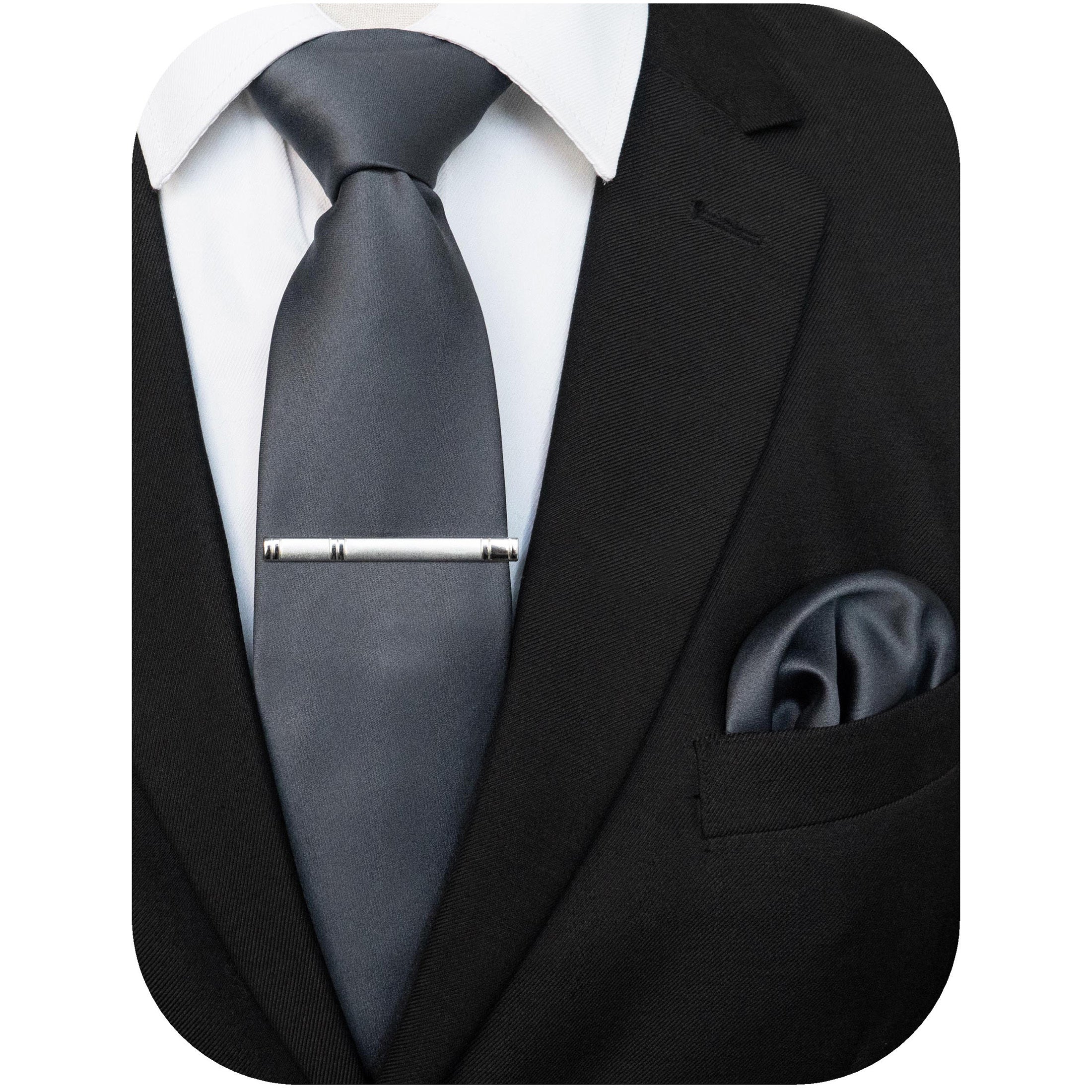 Men's Solid Color Tie and Pocket Square Set with Tie Clip for Business and Wedding