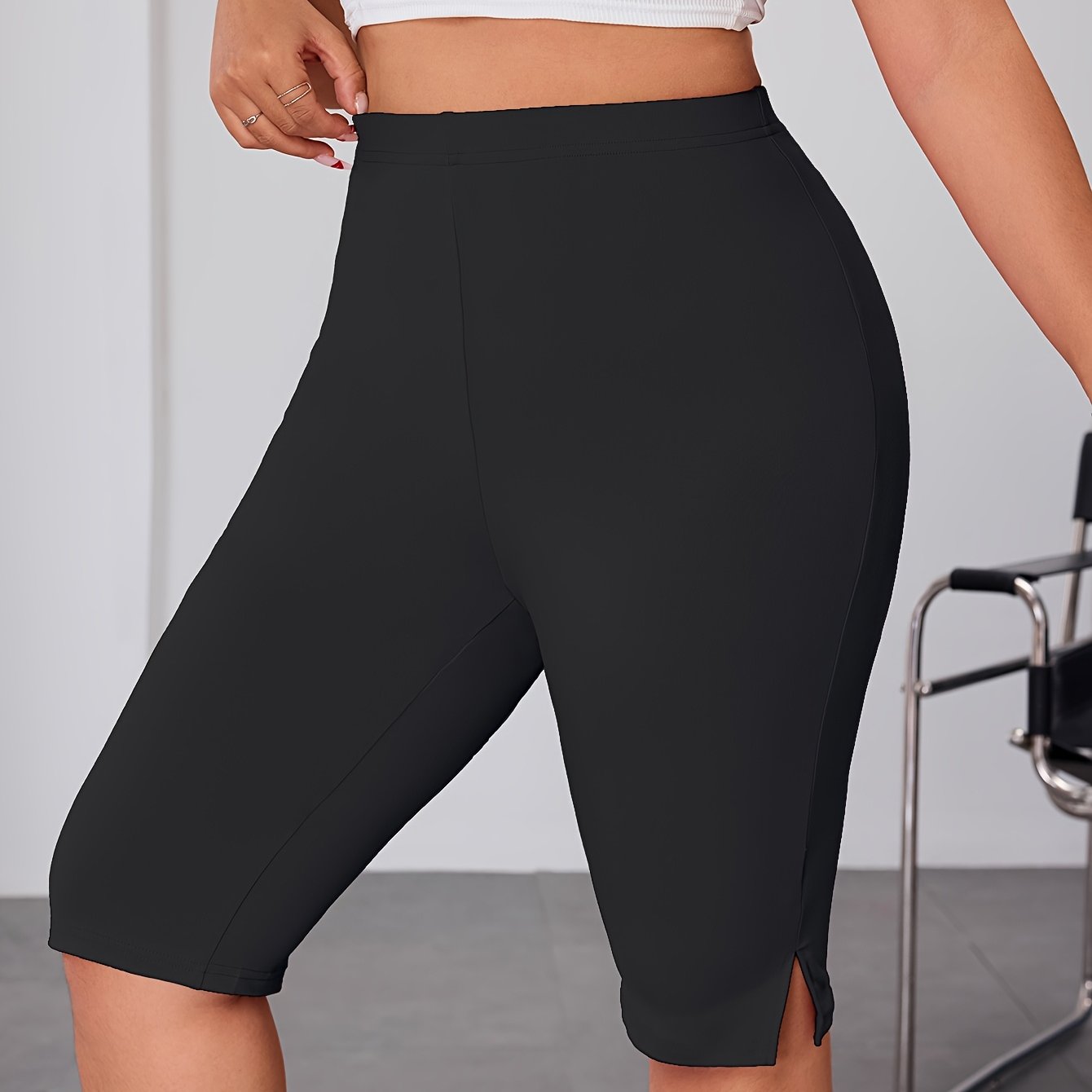 Plus Size Black High-Waisted Leggings with Side Slit for Women
