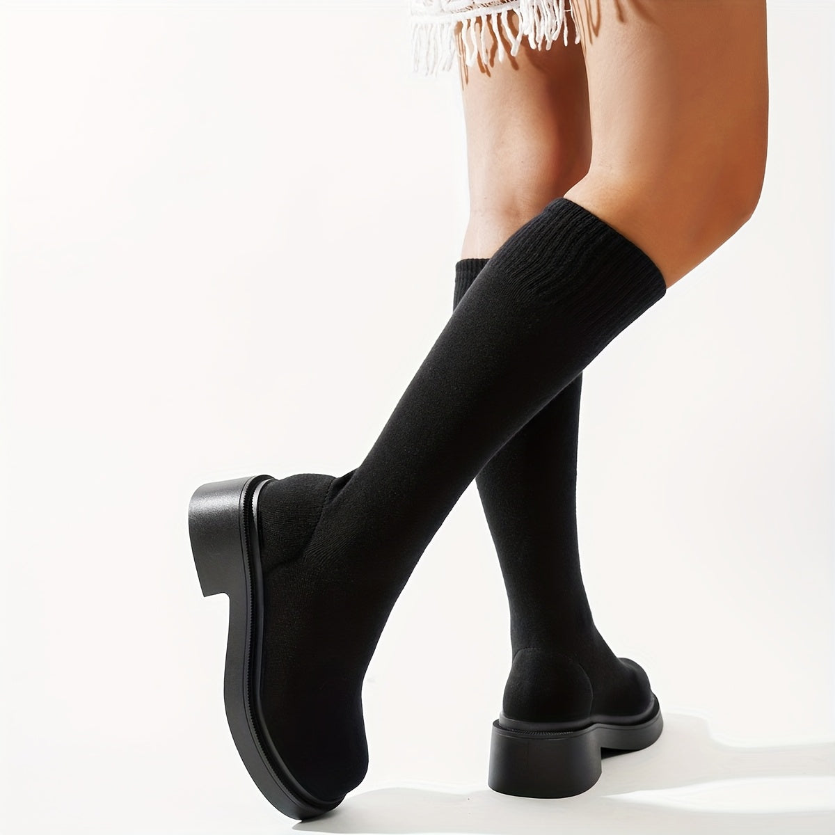 Women's Black Knitted Mid-Calf Combat Boots with Thick Soles