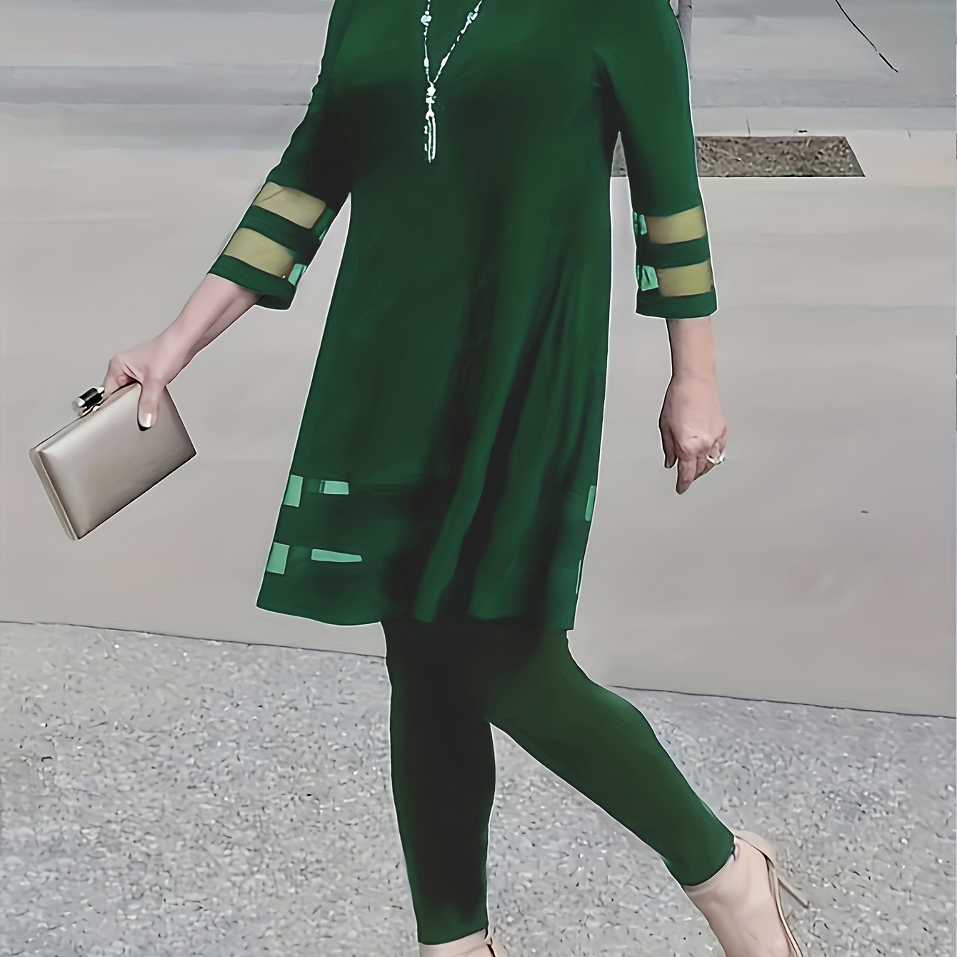 Katta o'lchamdagi mesh ikki qismli to'plam, crew neck bluzka va shimlar, ayollar uchun katta o'lchamdagi kiyimlar