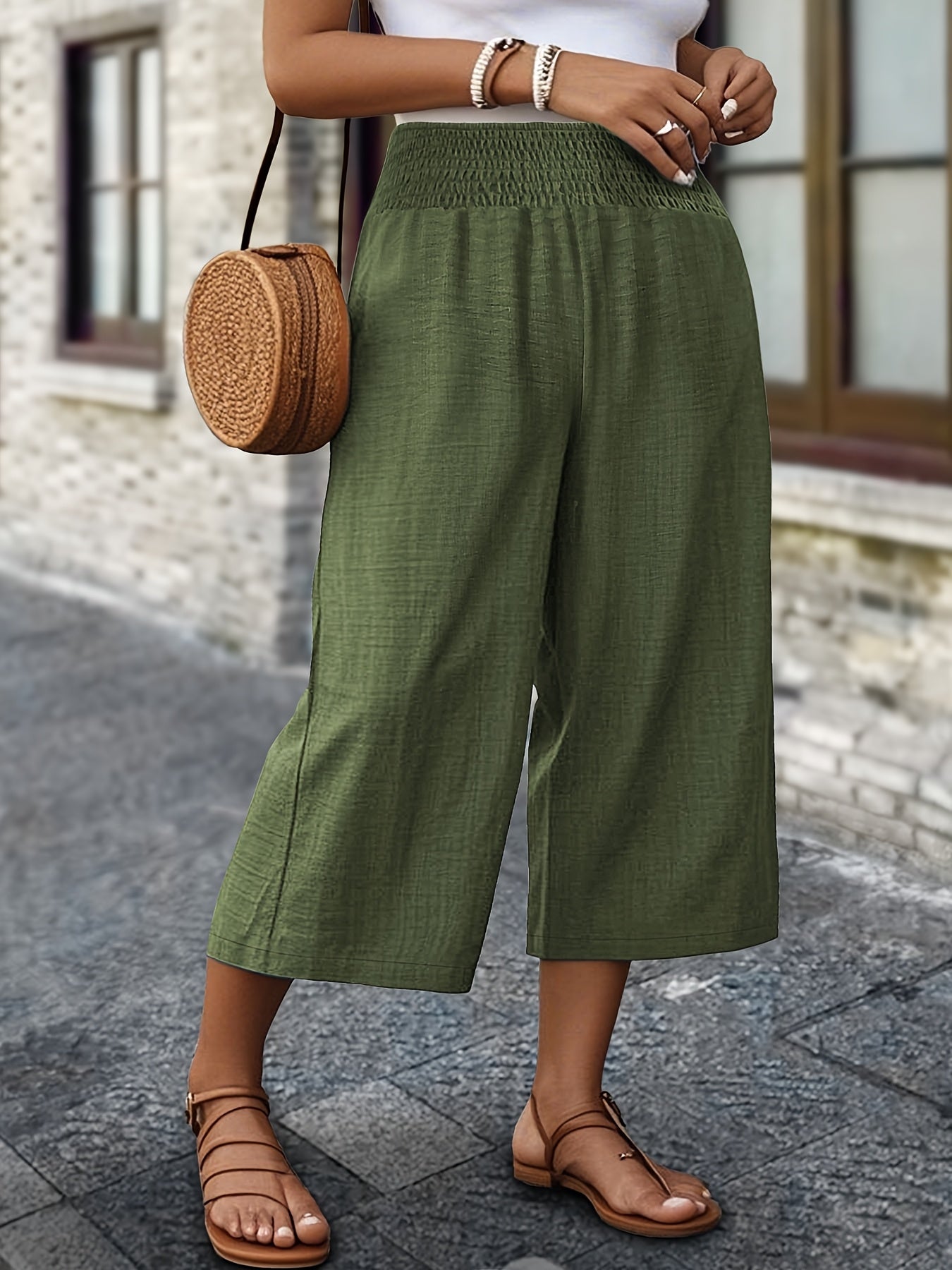 Women's Plus Size Wide Leg Shorts Loose Fit Green Elastic Waist Summer Casual