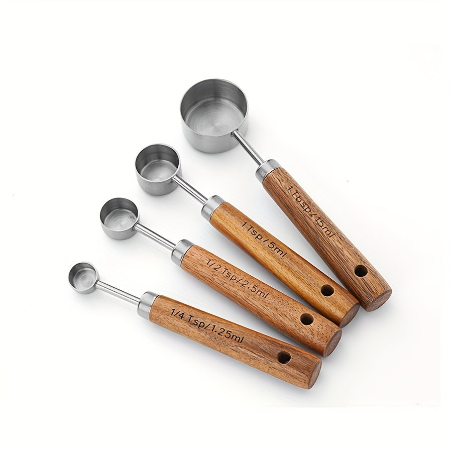 Set of 4 Stainless Steel Measuring Cups and Spoons with Wooden Handles