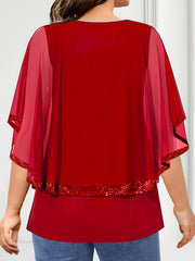 Women Plus Size Chiffon V-Neck Top Sequin Accents Light Blue