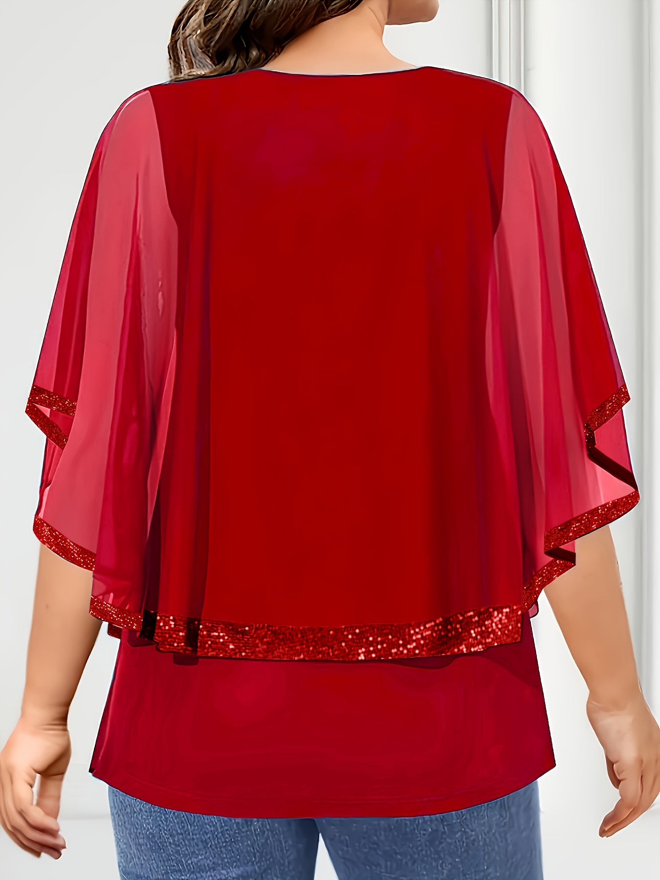 Women Plus Size Chiffon V-Neck Top Sequin Accents Light Blue