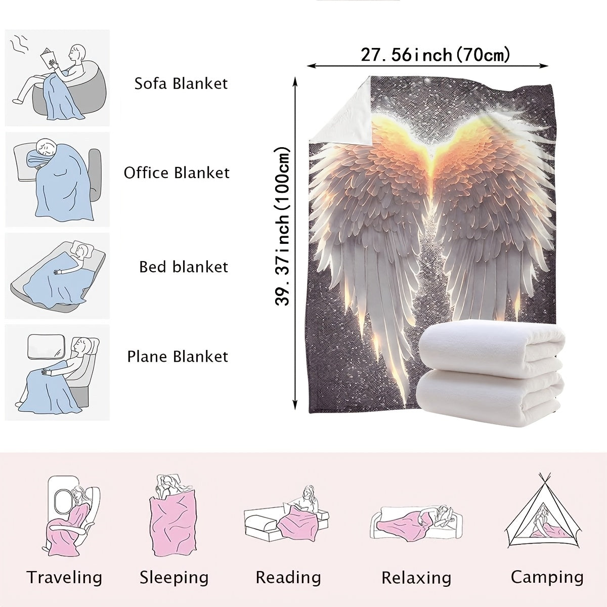 Glowing Wings Print Flannel Blanket Soft Cozy Polyester Throw for Sofa Bed Travel
