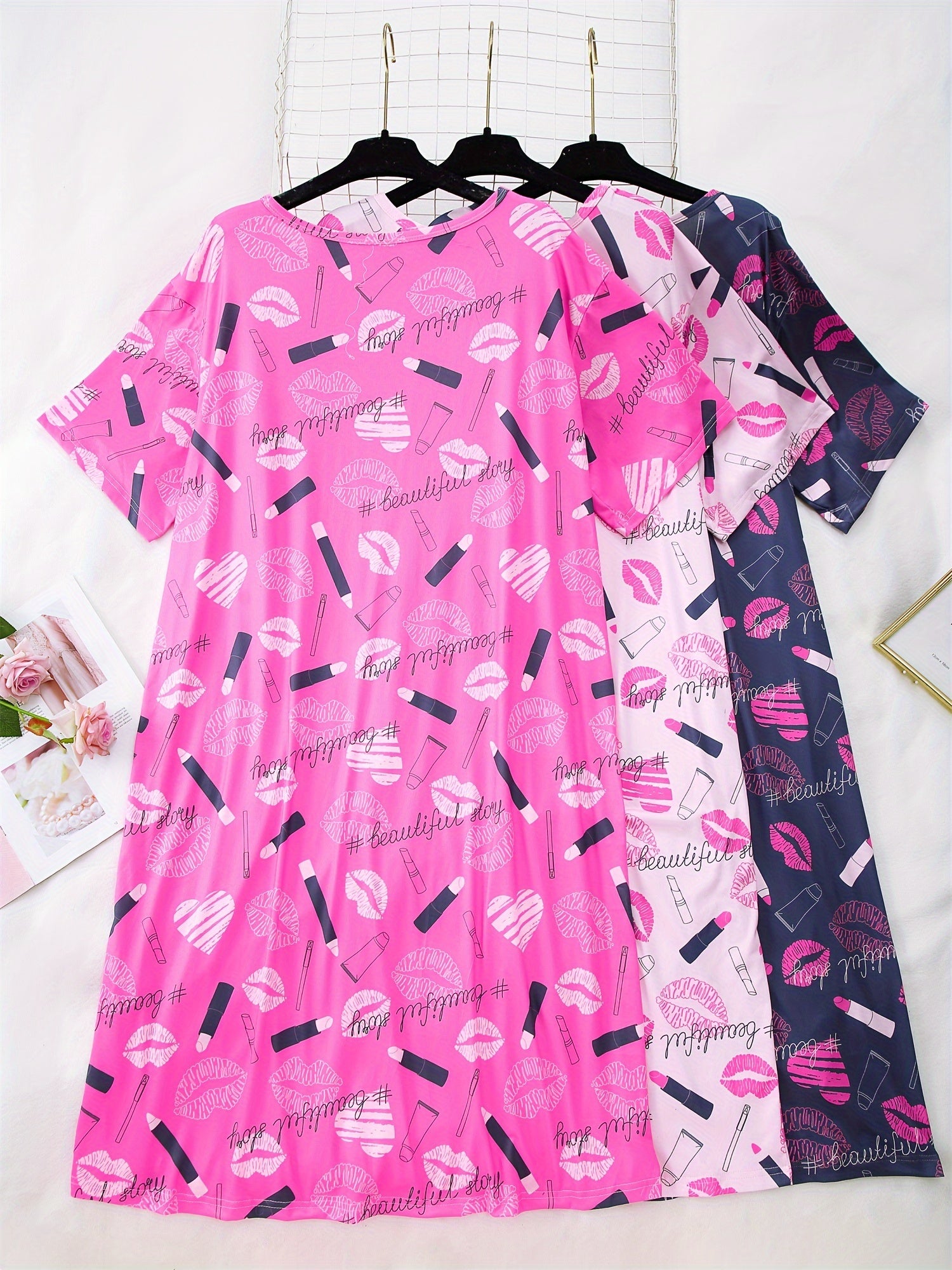Women's Plus Size Knit Lip Print Sleep Dresses 3-Pack Short Sleeve Loungewear