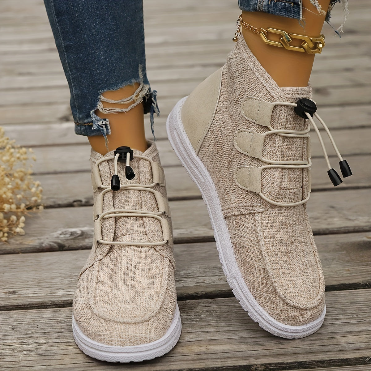Women's Casual High-Top Sneakers Breathable Fabric Rubber Sole Beige All-Season