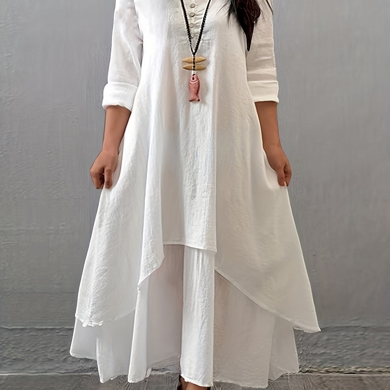 Plus Size Long Sleeve Layered Hem Dress for Spring Fall Casual Woven Rayon Solid