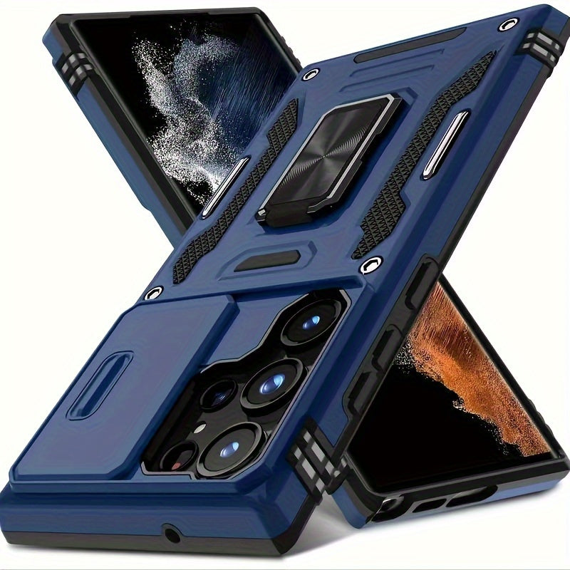Protective Phone Case with Slide Camera Cover and Rotating Kickstand for Samsung Models