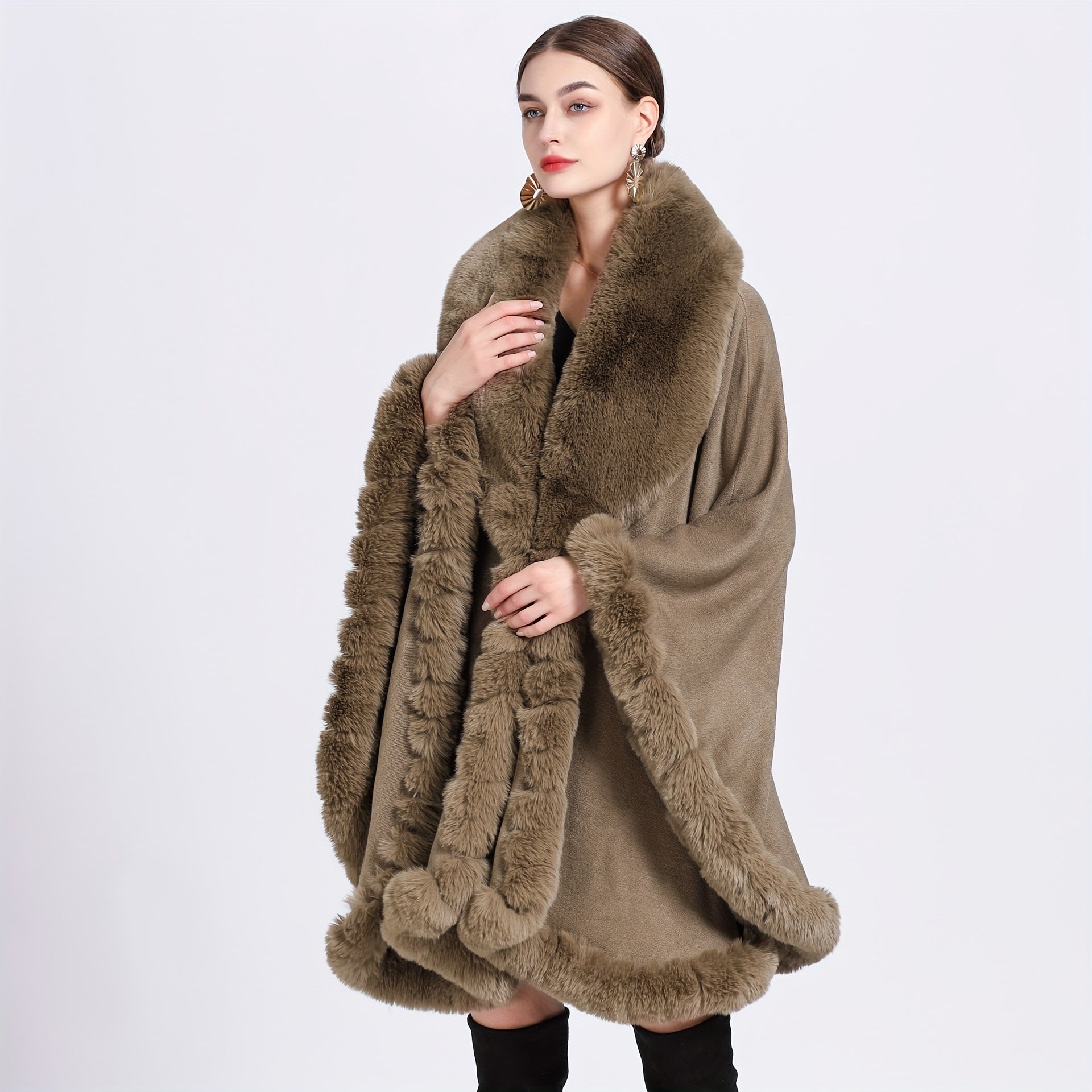Women’s Warm Oversized Faux Fur Collar Cardigan Cape Autumn Winter Windproof Shawl