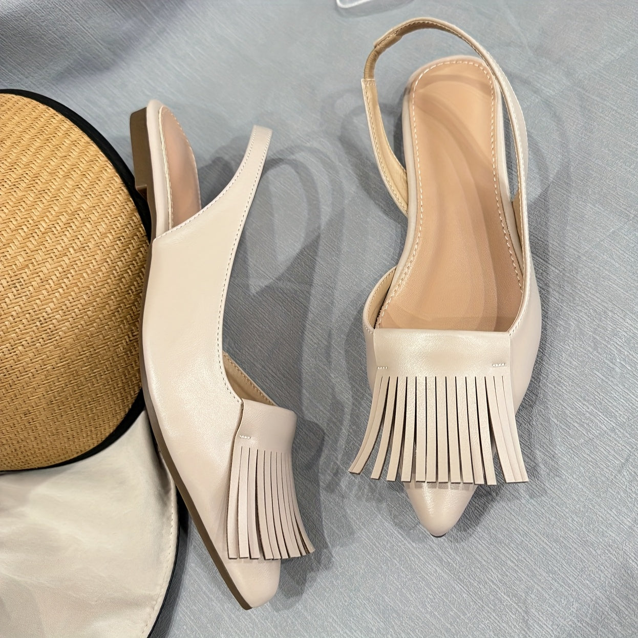 Women's Apricot Wide Fit Flat Sandals with Tassels, Comfortable Casual Shoes