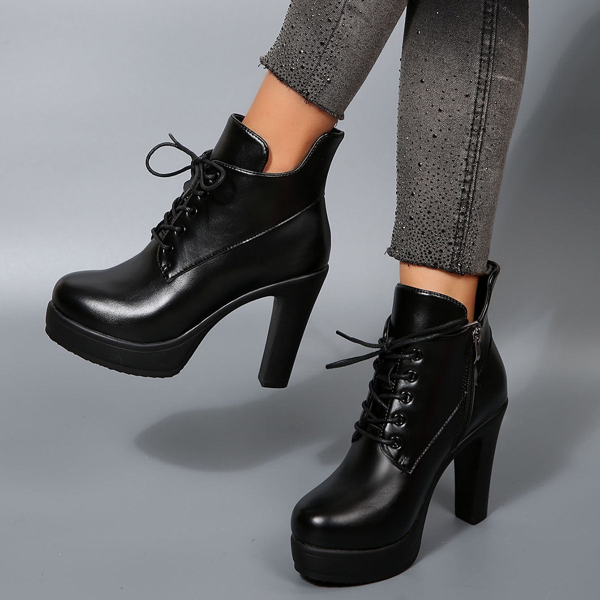 Women’s Black PU Platform Ankle Boots with Zipper, High Heel, Casual or Dress