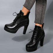 Women’s Black PU Platform Ankle Boots with Zipper, High Heel, Casual or Dress