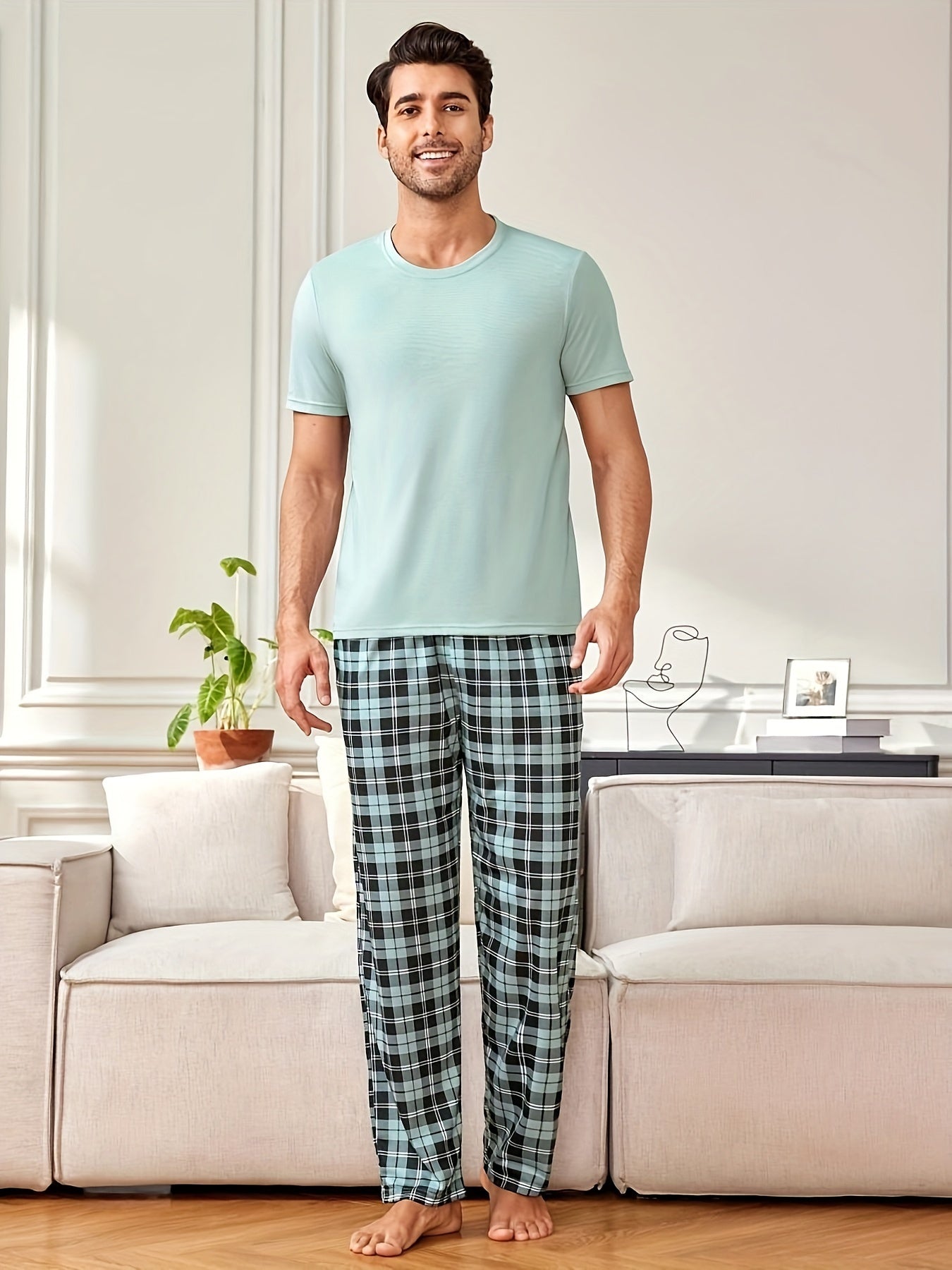 Men's Casual Plaid Pajama Set Polyester Crew Neck Short Sleeve Top and Long Pants