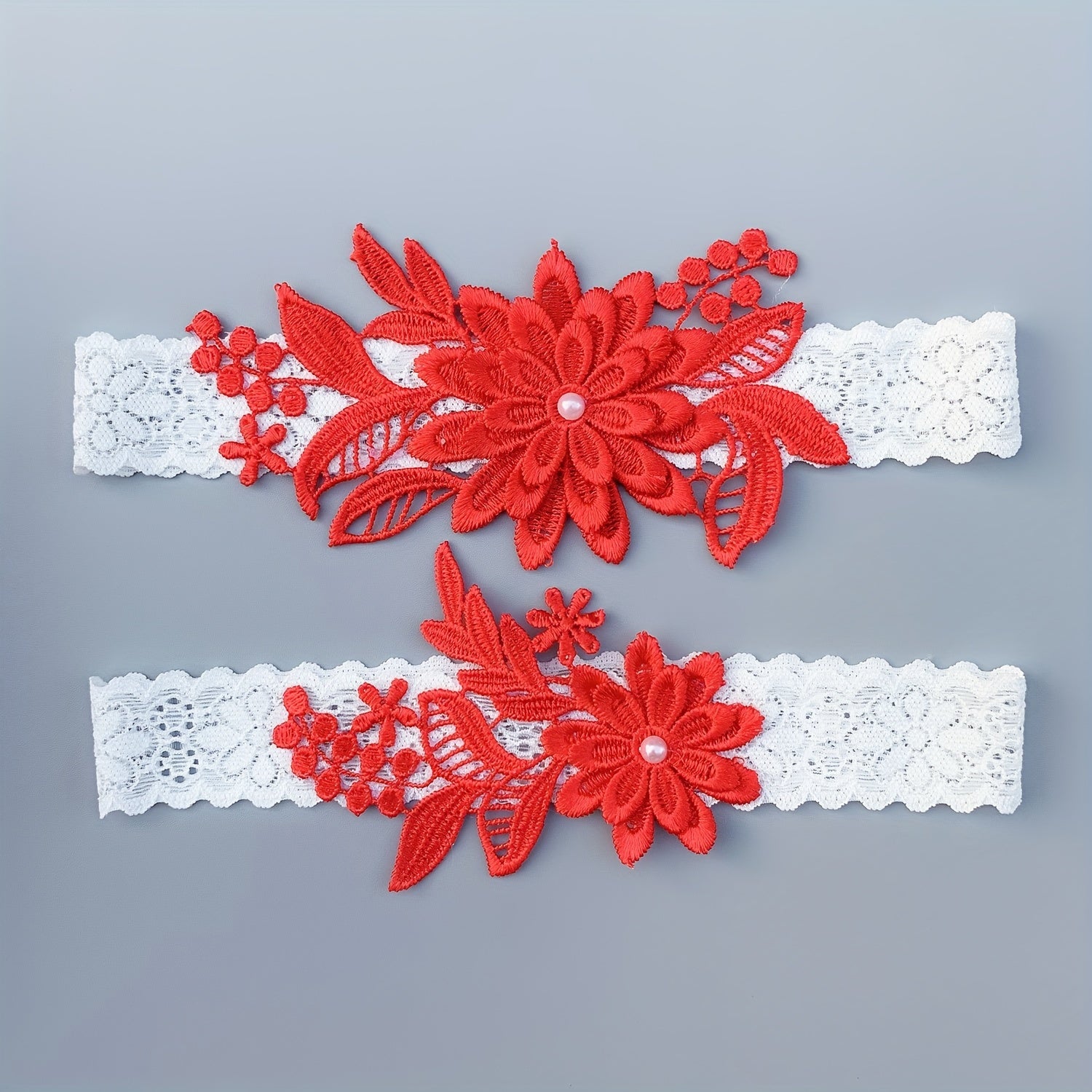 Wedding Garter Set Lace Bridal Garter Belt with Faux Pearl Decorations and Floral Design