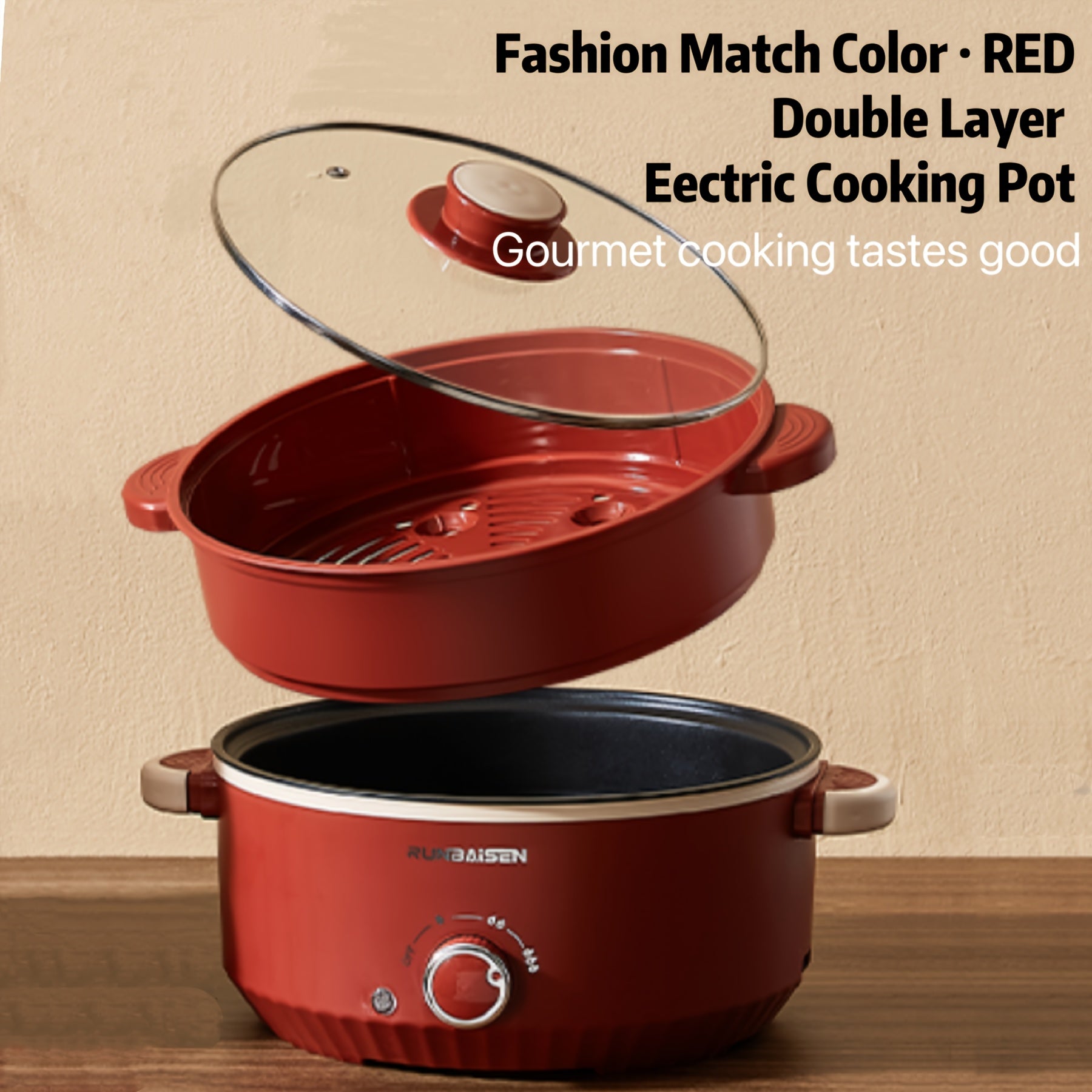 23.88cm Elektrik pishirish qozoni, ikki qavatli, yopishmaydigan, ko‘p funksiyali, oson taomlar uchun