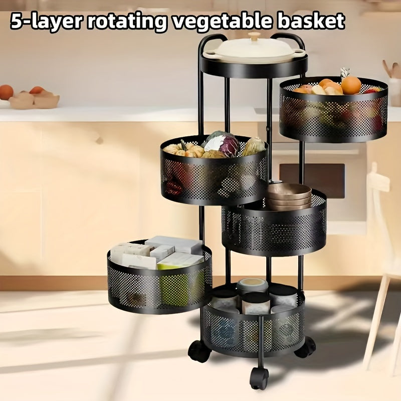 5-Tier Rotating Vegetable Storage Rack with Metal Shelves and Casters