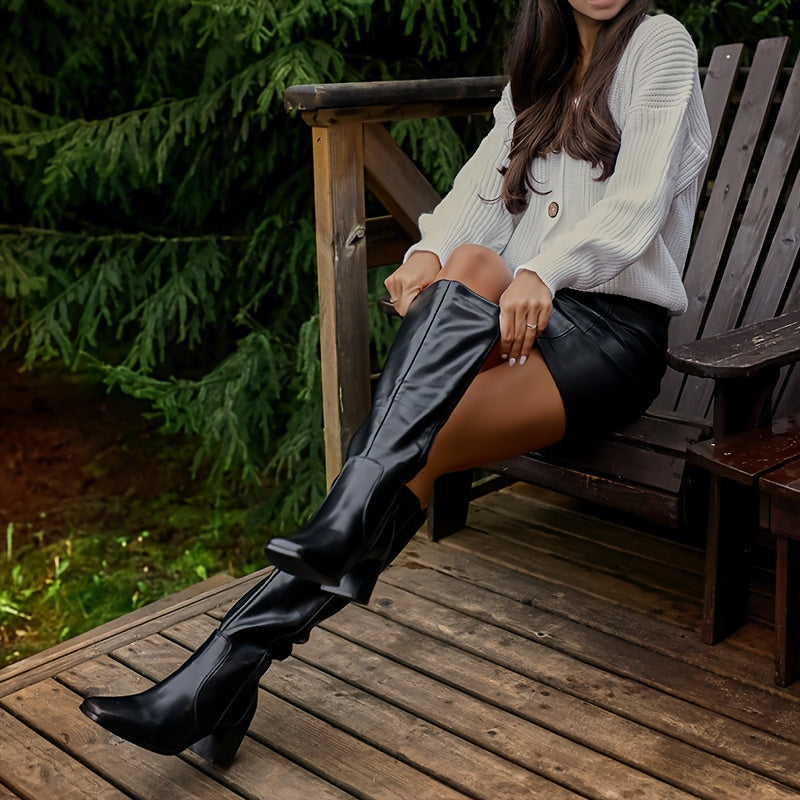 Женские сапоги до колена с средней массивной каблуком, высокой квадратной ноской и молнией