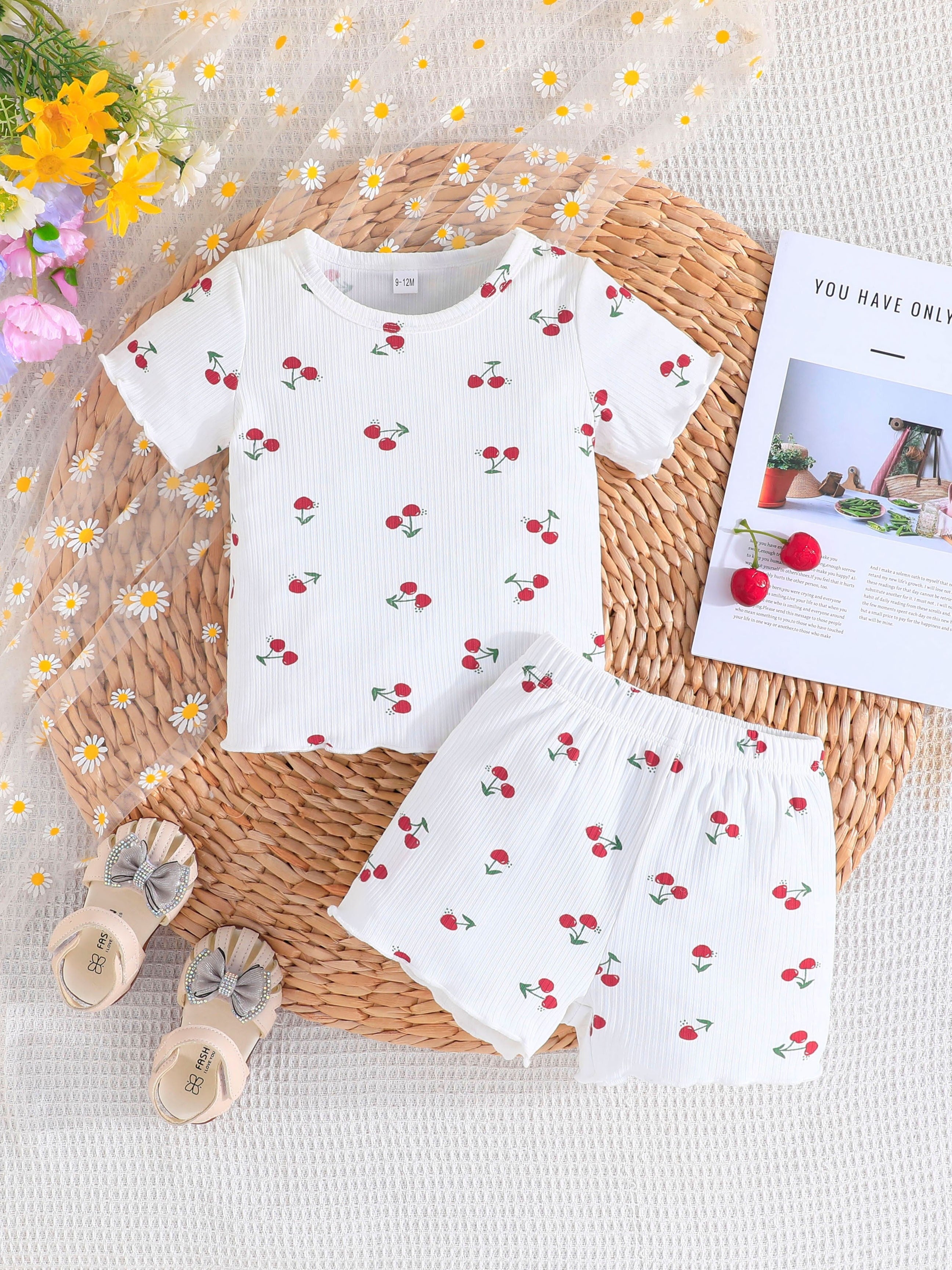 Girls Summer Set with Cherry Print T-Shirts and Shorts Lightweight and Machine Washable