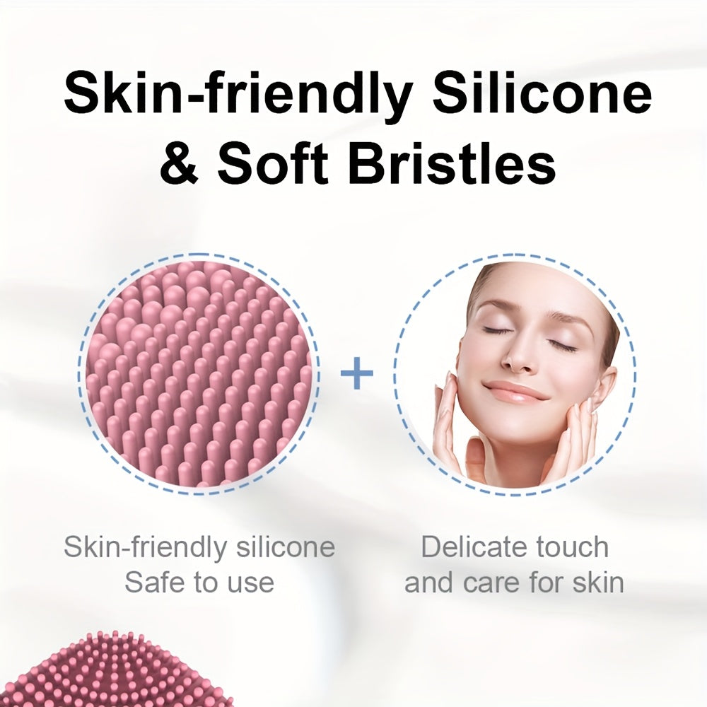 Pink Electric Facial Cleansing Brush with Soft Silicone Bristles Exfoliating Massager Battery Powered