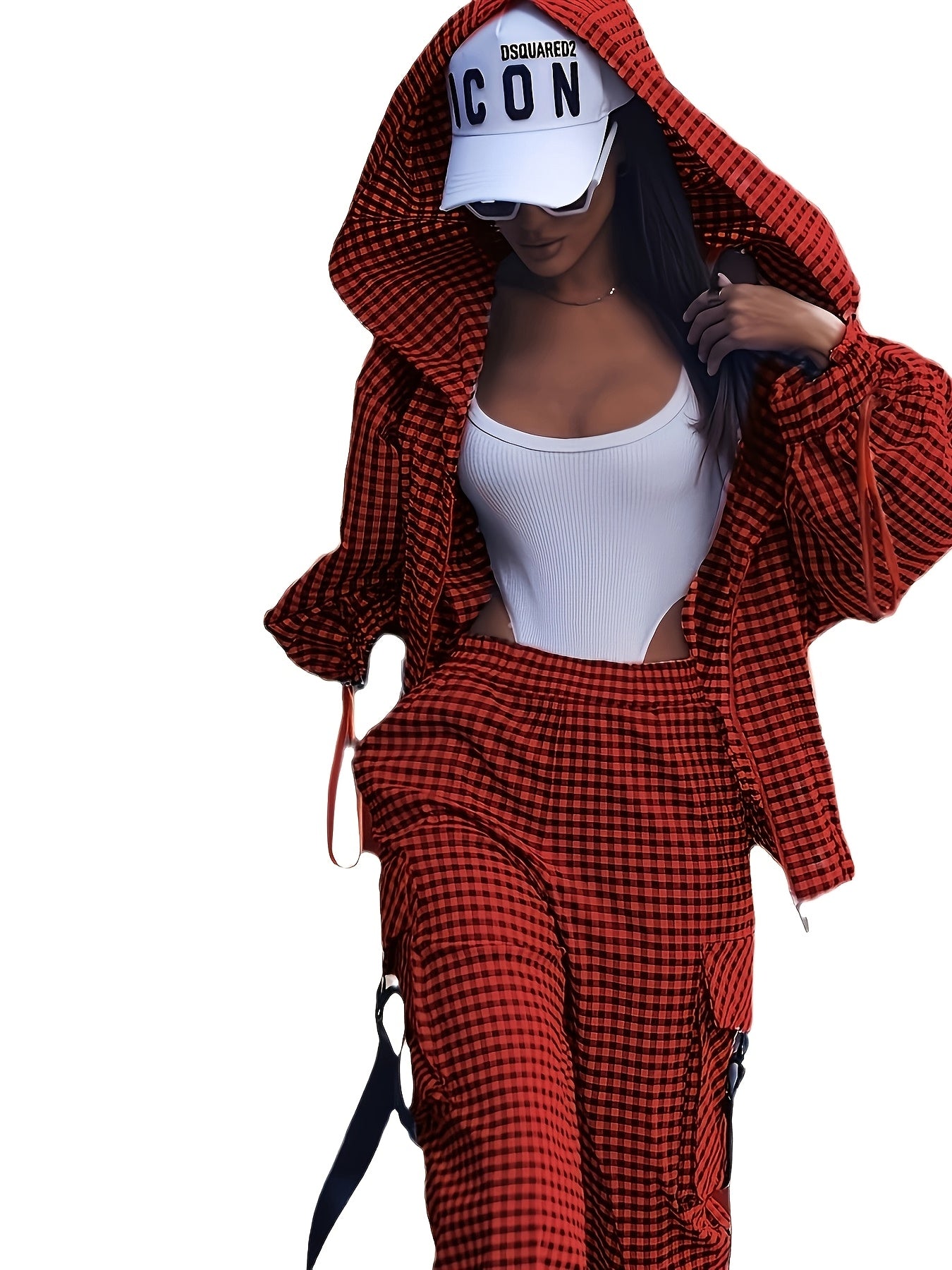 Women's Gingham Pantsuit with Lapel Collar and Zipper Details for Fall Winter