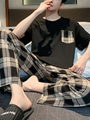 Men's Short Sleeve Plaid Pajama Set Polyester Casual Summer