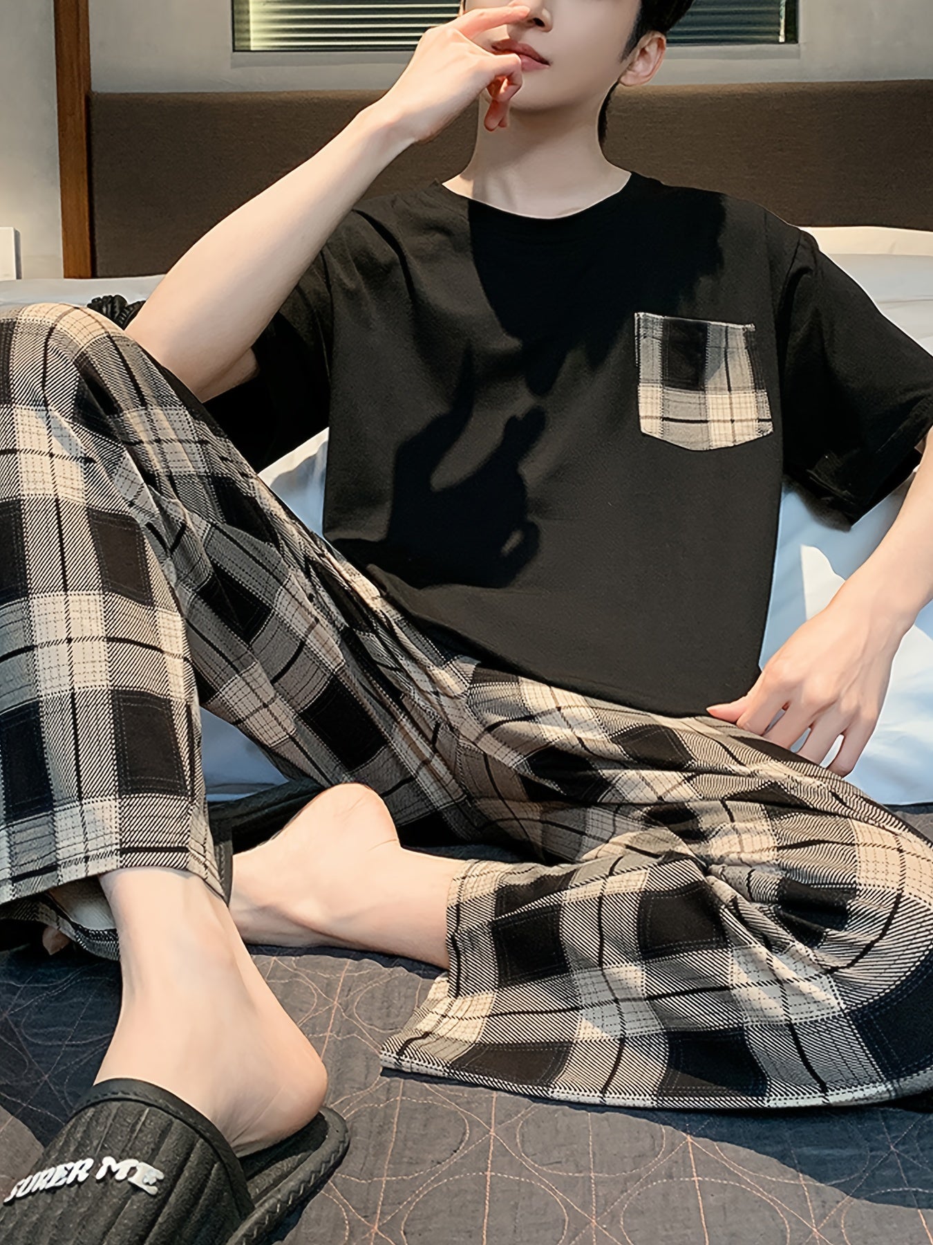 Men's Short Sleeve Plaid Pajama Set Polyester Casual Summer