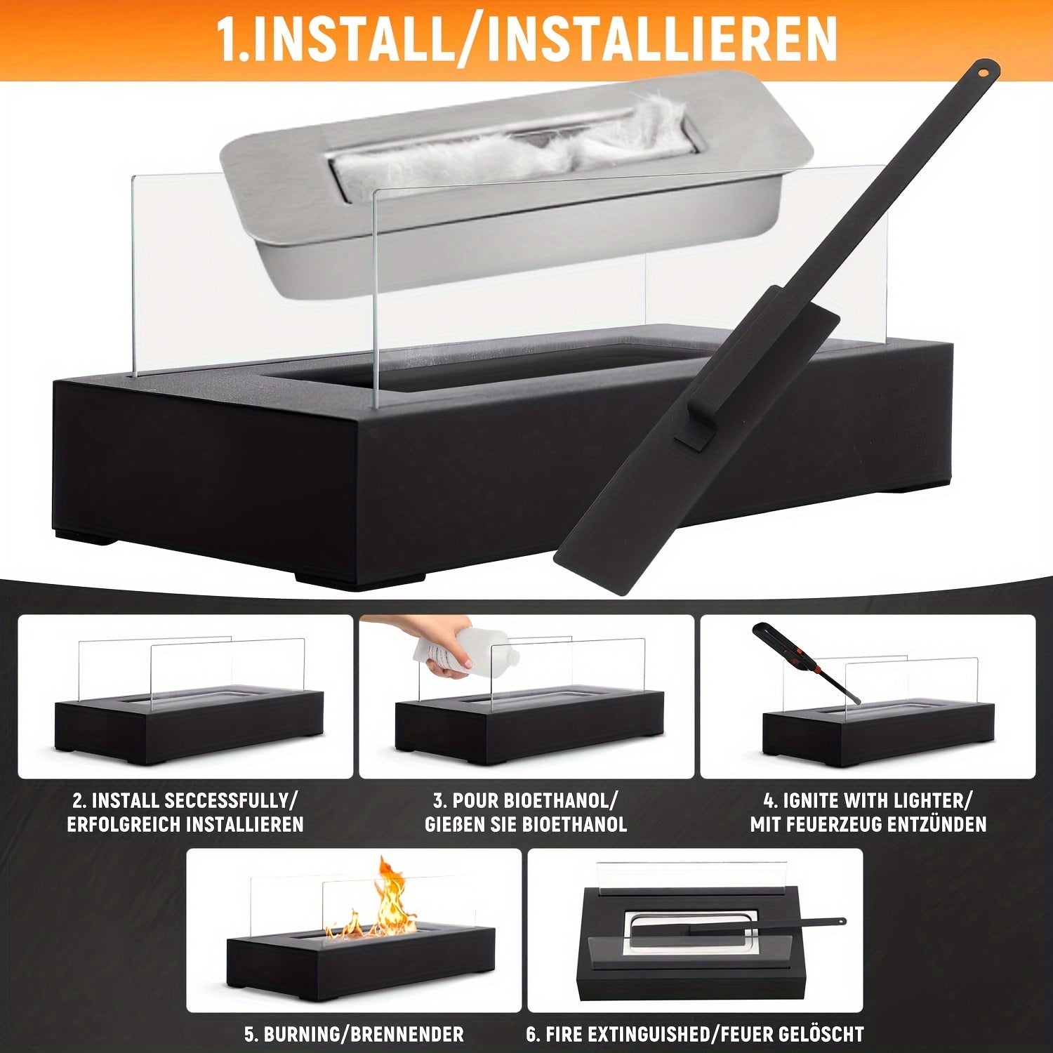 Rectangular Bioethanol Tabletop Fire Pit Portable Outdoor Camping Fireplace